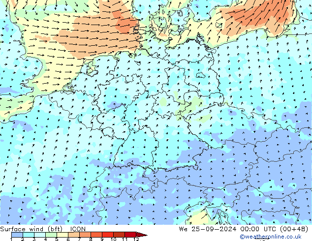 Viento 10 m (bft) ICON mié 25.09.2024 00 UTC