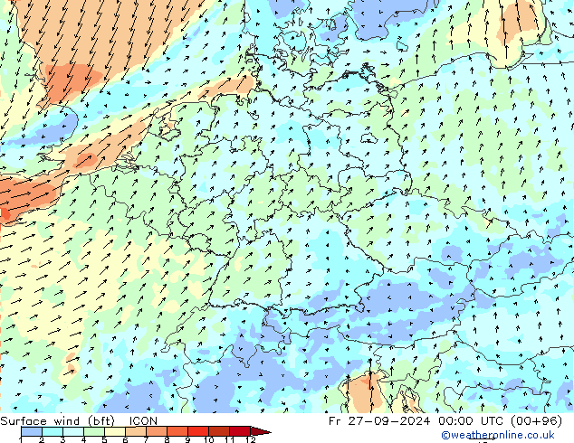 Surface wind (bft) ICON Fr 27.09.2024 00 UTC