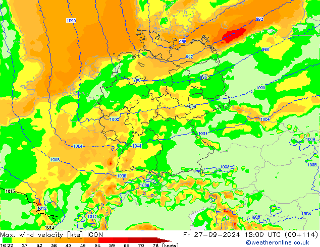 Maks. Rüzgar Hızı ICON Cu 27.09.2024 18 UTC