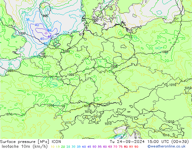 Isotachen (km/h) ICON di 24.09.2024 15 UTC