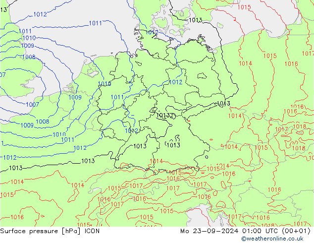 Surface pressure ICON Mo 23.09.2024 01 UTC