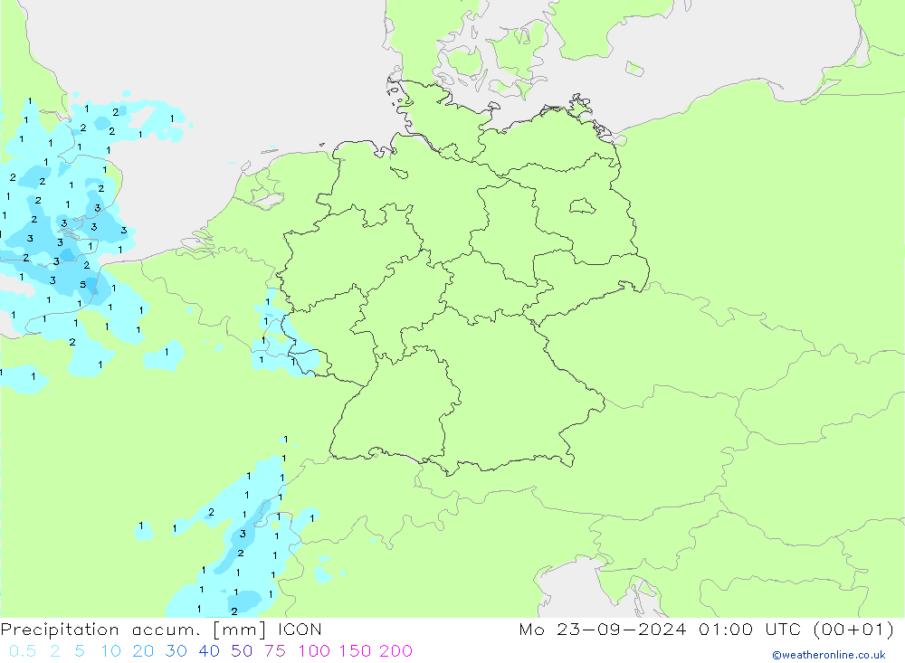 Precipitation accum. ICON Mo 23.09.2024 01 UTC