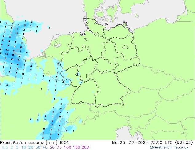 Précipitation accum. ICON lun 23.09.2024 03 UTC