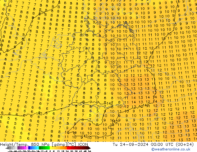 Height/Temp. 850 hPa ICON Di 24.09.2024 00 UTC