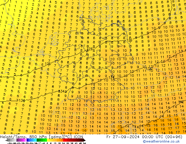 Height/Temp. 850 hPa ICON Fr 27.09.2024 00 UTC