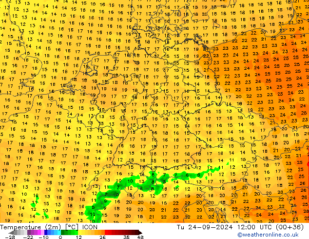 Temperaturkarte (2m) ICON Di 24.09.2024 12 UTC