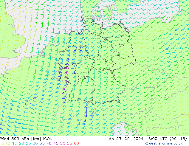 Vento 500 hPa ICON lun 23.09.2024 18 UTC