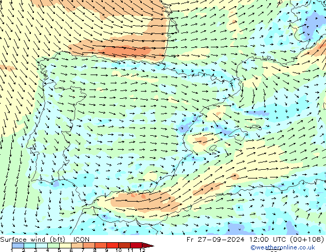 Surface wind (bft) ICON Fr 27.09.2024 12 UTC