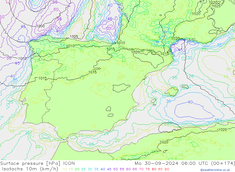 Isotachs (kph) ICON  30.09.2024 06 UTC