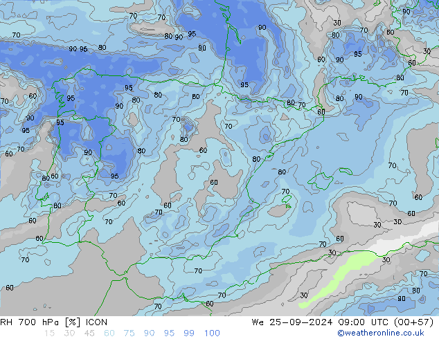 RH 700 hPa ICON mer 25.09.2024 09 UTC