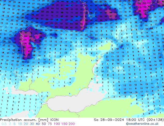 Precipitation accum. ICON Sa 28.09.2024 18 UTC