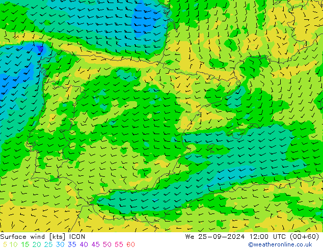 Viento 10 m ICON mié 25.09.2024 12 UTC