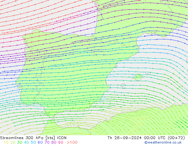 Streamlines 300 hPa ICON Th 26.09.2024 00 UTC