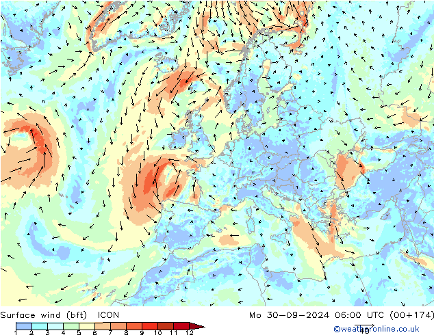 Viento 10 m (bft) ICON lun 30.09.2024 06 UTC