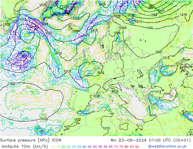 Isotachen (km/h) ICON Mo 23.09.2024 01 UTC