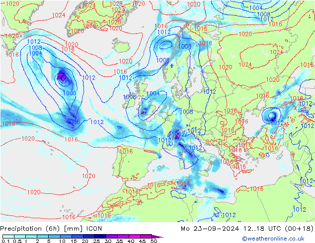 Precipitation (6h) ICON Mo 23.09.2024 18 UTC