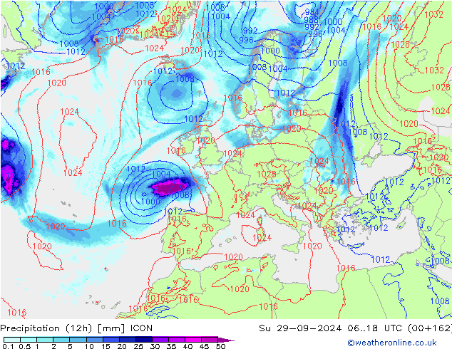 Precipitation (12h) ICON Su 29.09.2024 18 UTC