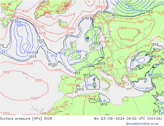 Surface pressure ICON Mo 23.09.2024 06 UTC