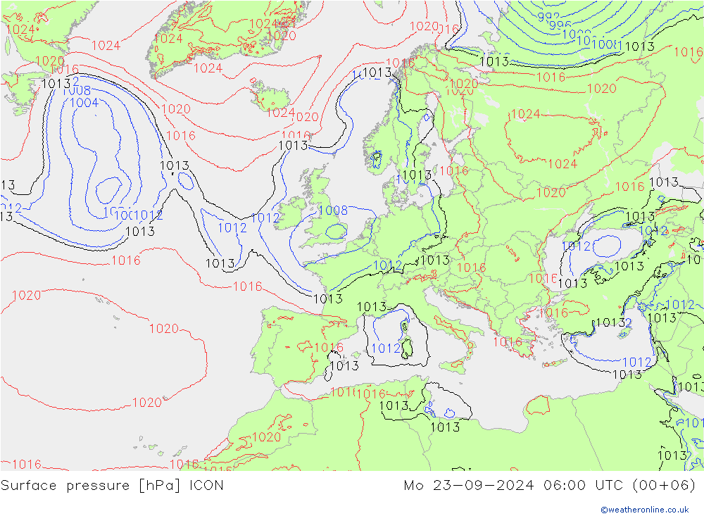 Surface pressure ICON Mo 23.09.2024 06 UTC