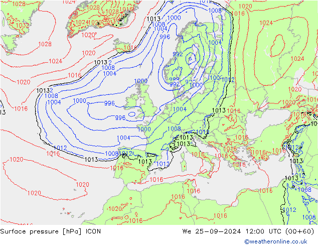 Atmosférický tlak ICON St 25.09.2024 12 UTC