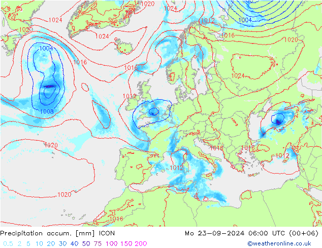 Precipitation accum. ICON Mo 23.09.2024 06 UTC