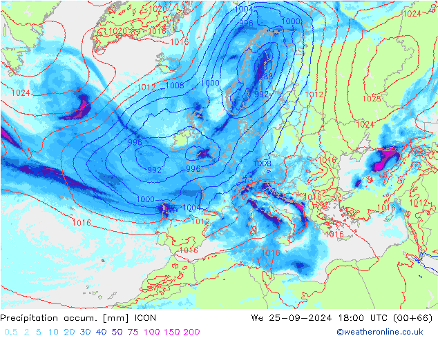 Precipitation accum. ICON mer 25.09.2024 18 UTC