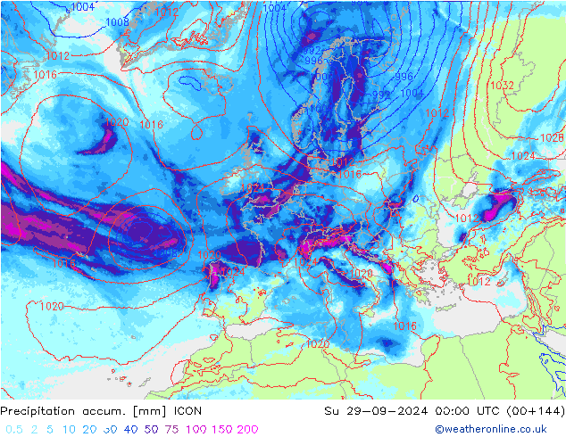 Precipitation accum. ICON Su 29.09.2024 00 UTC