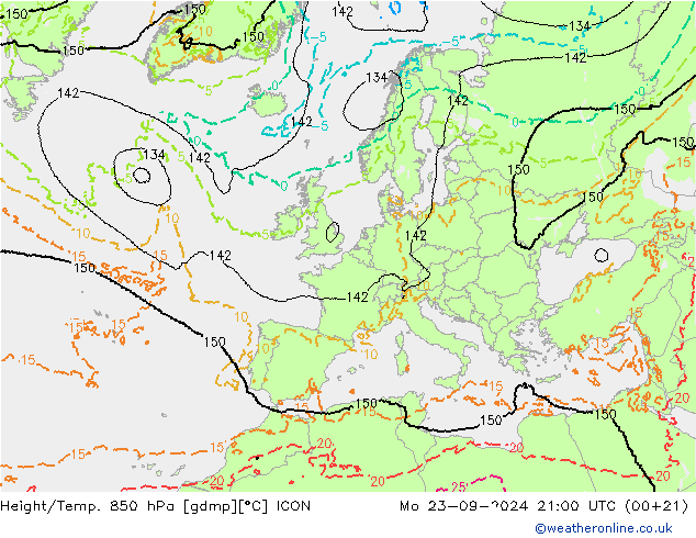 Geop./Temp. 850 hPa ICON lun 23.09.2024 21 UTC