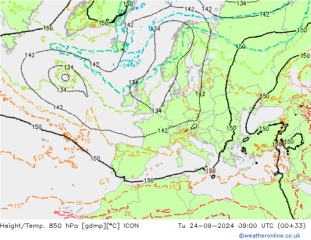 Yükseklik/Sıc. 850 hPa ICON Sa 24.09.2024 09 UTC