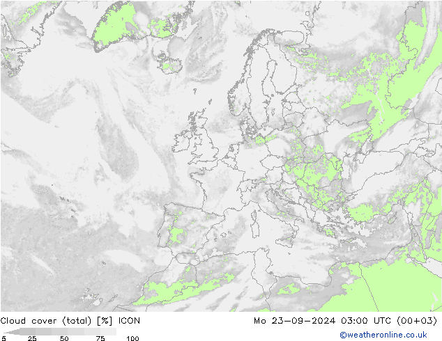 Cloud cover (total) ICON Po 23.09.2024 03 UTC