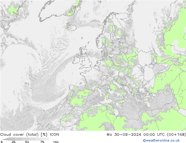 Cloud cover (total) ICON Mo 30.09.2024 00 UTC