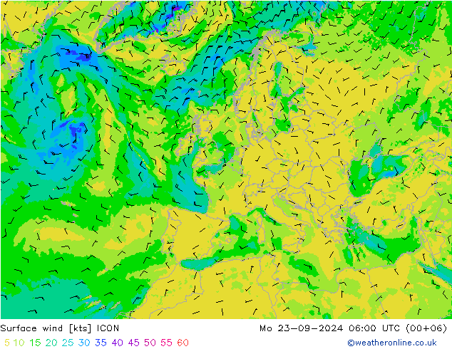 Rüzgar 10 m ICON Pzt 23.09.2024 06 UTC