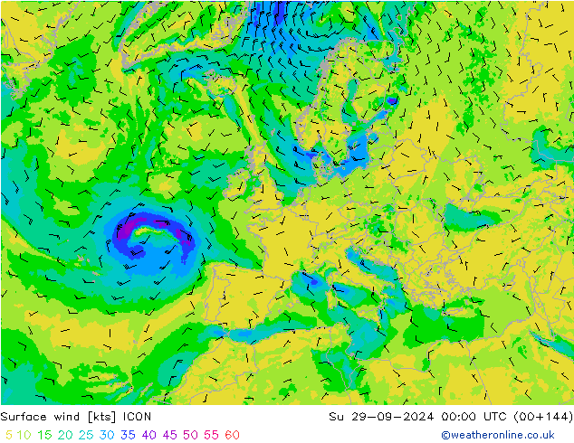 Surface wind ICON Su 29.09.2024 00 UTC