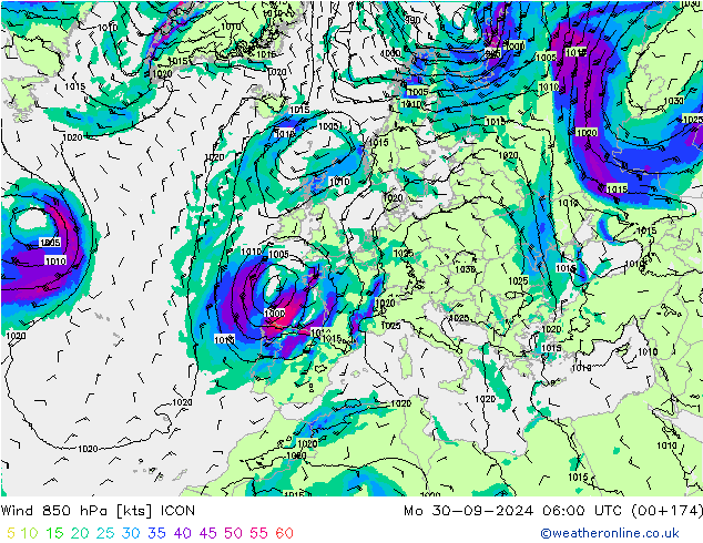 Vent 850 hPa ICON lun 30.09.2024 06 UTC