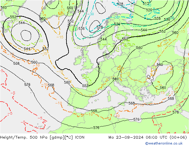 Height/Temp. 500 hPa ICON Mo 23.09.2024 06 UTC