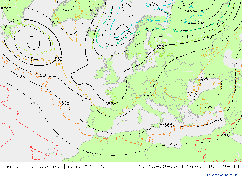 Height/Temp. 500 hPa ICON Mo 23.09.2024 06 UTC