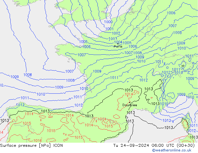 Surface pressure ICON Tu 24.09.2024 06 UTC