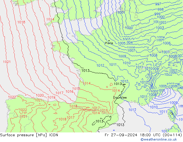 Surface pressure ICON Fr 27.09.2024 18 UTC