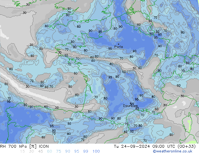 RH 700 hPa ICON  24.09.2024 09 UTC