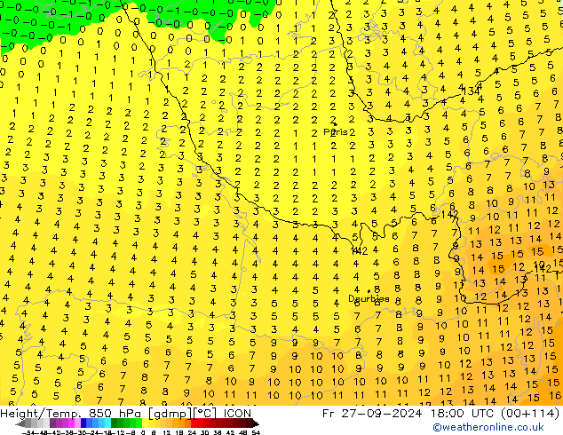 Height/Temp. 850 hPa ICON ven 27.09.2024 18 UTC