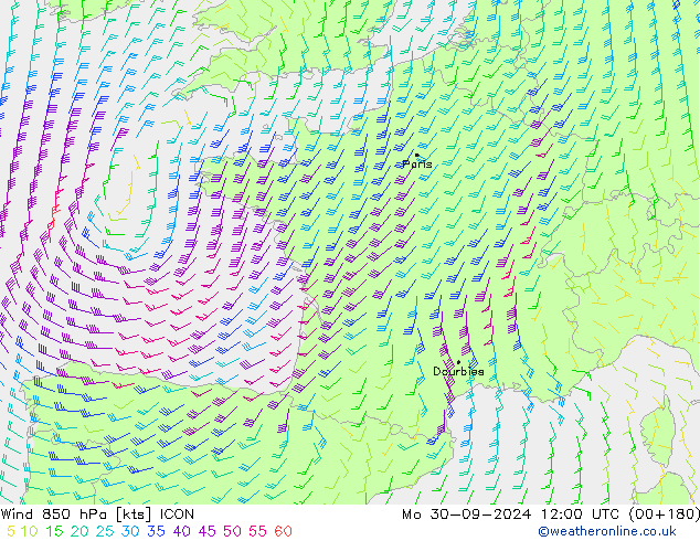 wiatr 850 hPa ICON pon. 30.09.2024 12 UTC