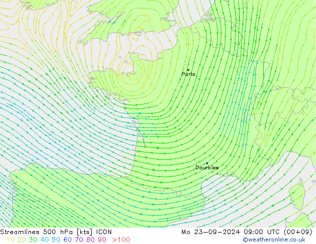 Streamlines 500 hPa ICON Mo 23.09.2024 09 UTC