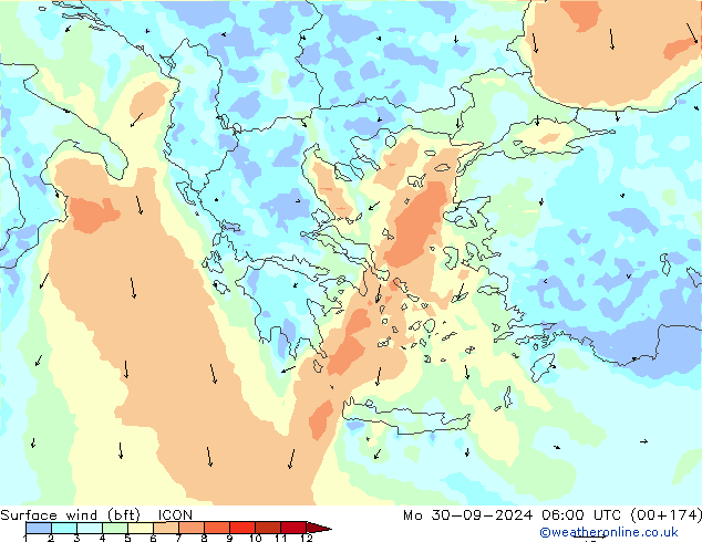 Vento 10 m (bft) ICON Seg 30.09.2024 06 UTC