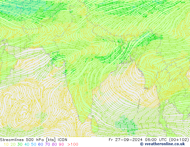 Streamlines 500 hPa ICON Fr 27.09.2024 06 UTC