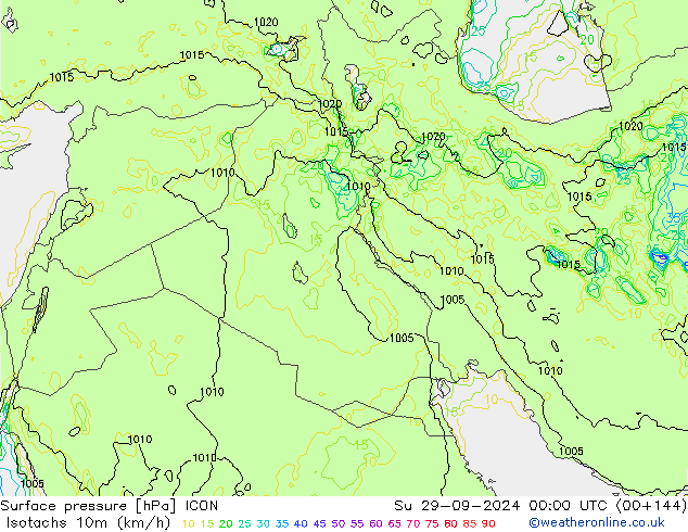 Isotaca (kph) ICON dom 29.09.2024 00 UTC