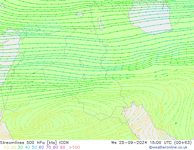 Streamlines 500 hPa ICON We 25.09.2024 15 UTC