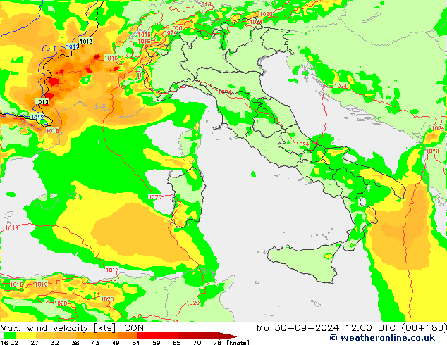 Max. wind velocity ICON pon. 30.09.2024 12 UTC