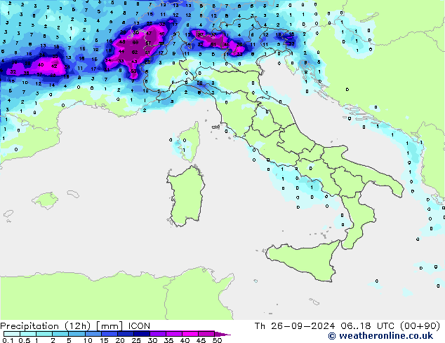 Precipitation (12h) ICON Th 26.09.2024 18 UTC