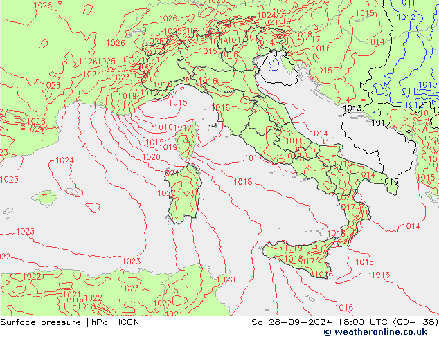 Presión superficial ICON sáb 28.09.2024 18 UTC