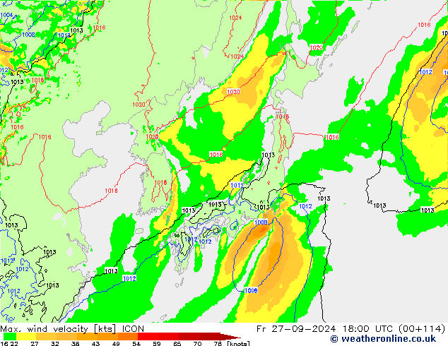 Max. wind snelheid ICON vr 27.09.2024 18 UTC